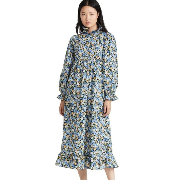 Batsheva Tessa Blue Yellow Floral Long Sleeve Ruffle Maxi Dress, Size Small